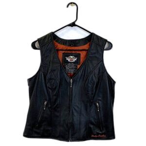 Harley-Davidson Black Genuine Leather Zip Vest Wing Shield Patch Womens Large